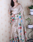Cream Tussar Silk Floral Jaal Printed Saree with Zari Border