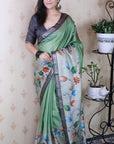 Pista Green Tussar Silk Floral Jaal Printed Saree with Zari Border