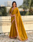 Mustard Yellow Crush Silk Embroidery Floral Border Saree