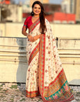 White Premium Viscose Silk Traditional Art Zari Woven Position Print Saree