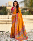 Mustard Yellow Traditional Dance Pattern Premium Position Printed Viscose Silk Saree