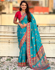 Blue Traditional Dance Pattern Premium Position Printed Viscose Silk Saree
