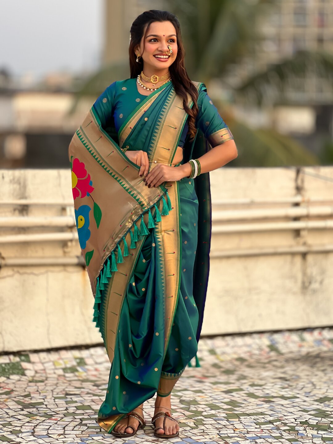 Peacock Blue Nauvari Pathani Silk Zari Woven Muniya Border Saree