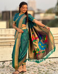 Peacock Blue Nauvari Pathani Silk Zari Woven Muniya Border Saree