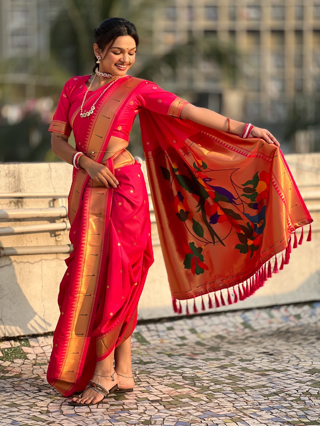 Rani Pink Nauvari Pathani Silk Zari Woven Muniya Border Saree