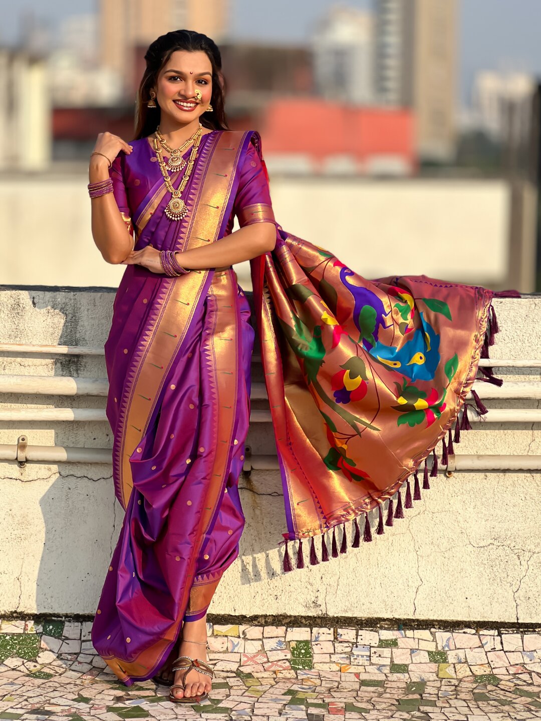Purple Nauvari Pathani Silk Zari Woven Muniya Border Saree