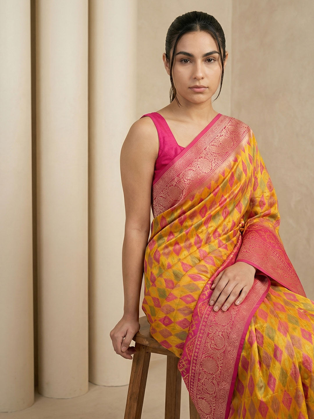 Oragne Soft Ikkat Patola Silk Geometric Ikkat Weaves Saree
