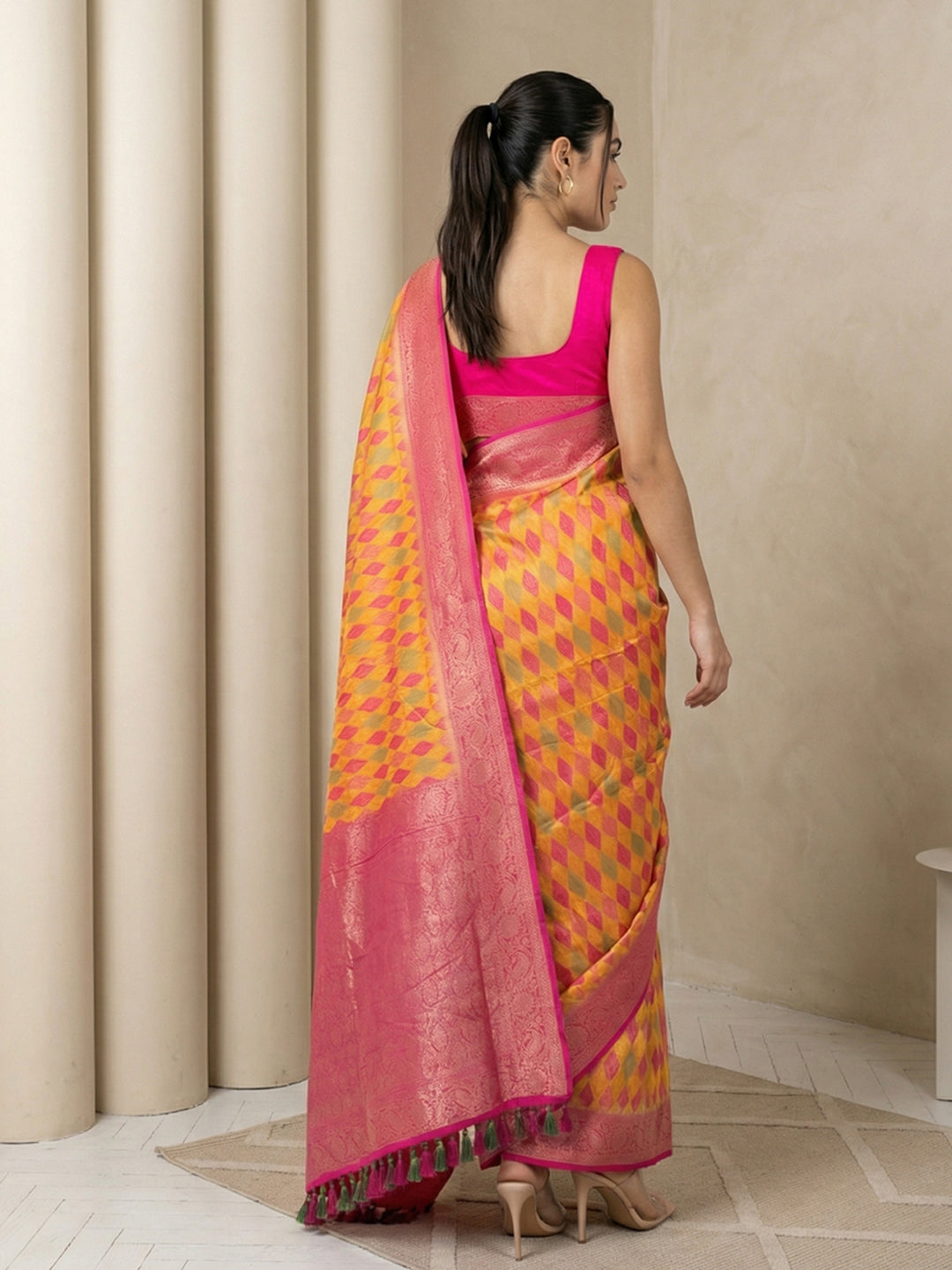 Oragne Soft Ikkat Patola Silk Geometric Ikkat Weaves Saree
