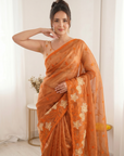 Orange Soft Oris Silk with Floral Applique Work Saree