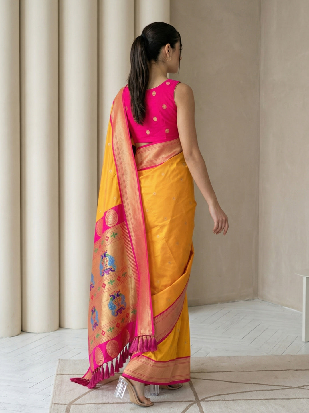 Orange Soft Paithani Silk Zari Woven Saree with Peacock Pallu