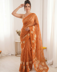 Orange Soft Oris Silk with Floral Applique Work Saree
