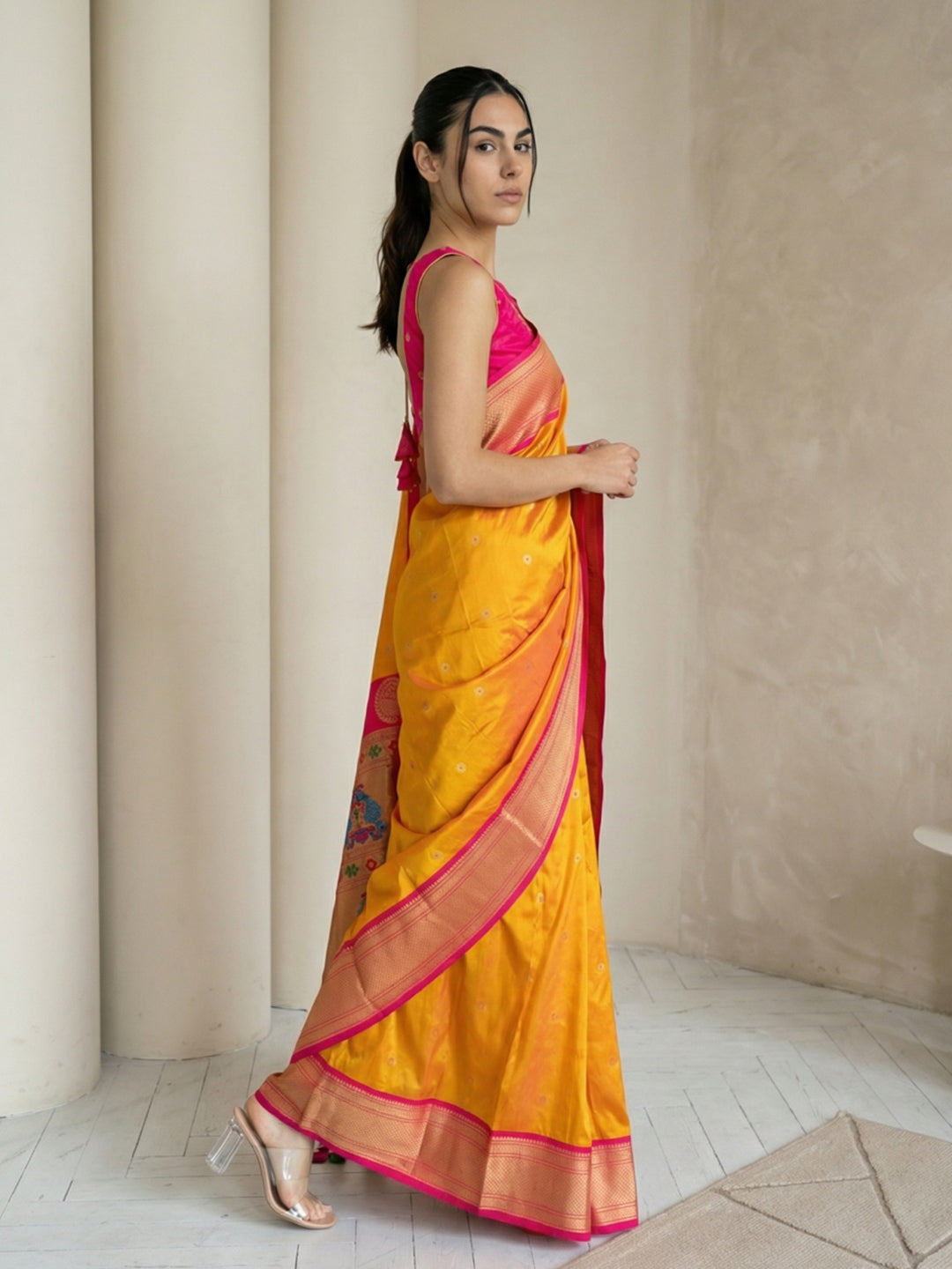 Orange Soft Paithani Silk Zari Woven Saree with Peacock Pallu