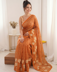 Orange Soft Oris Silk with Floral Applique Work Saree