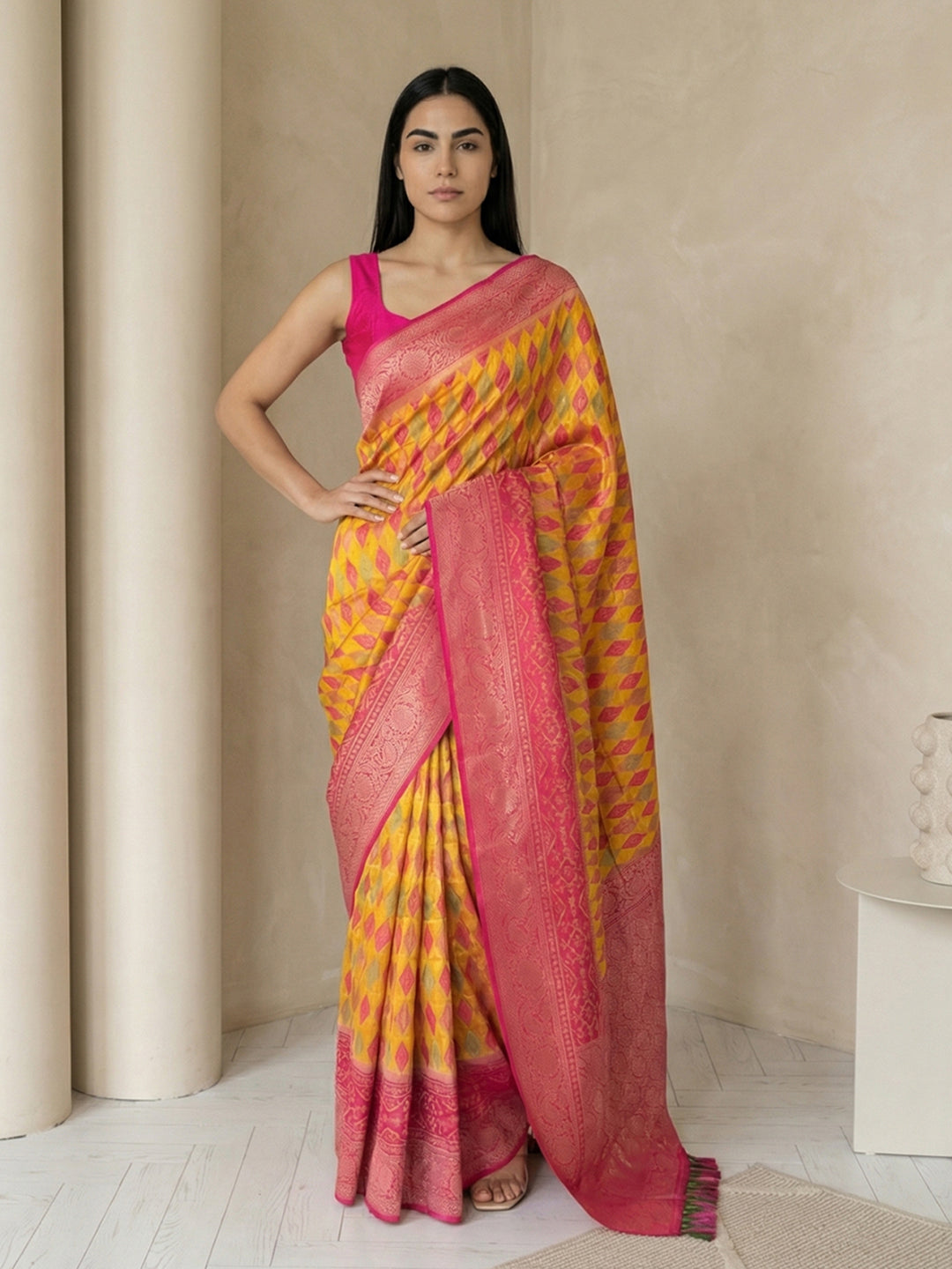 Oragne Soft Ikkat Patola Silk Geometric Ikkat Weaves Saree