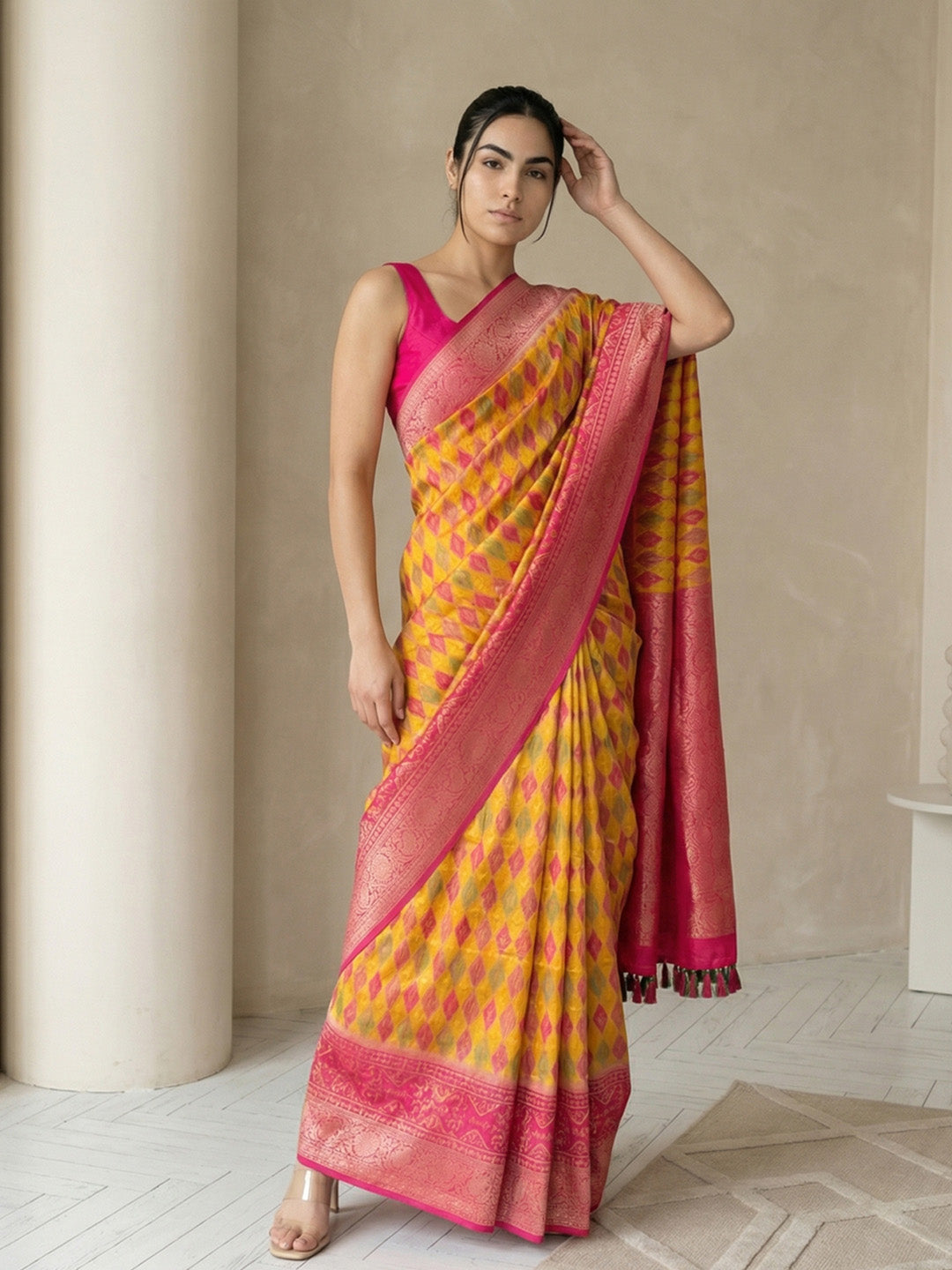 Oragne Soft Ikkat Patola Silk Geometric Ikkat Weaves Saree