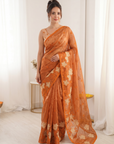 Orange Soft Oris Silk with Floral Applique Work Saree