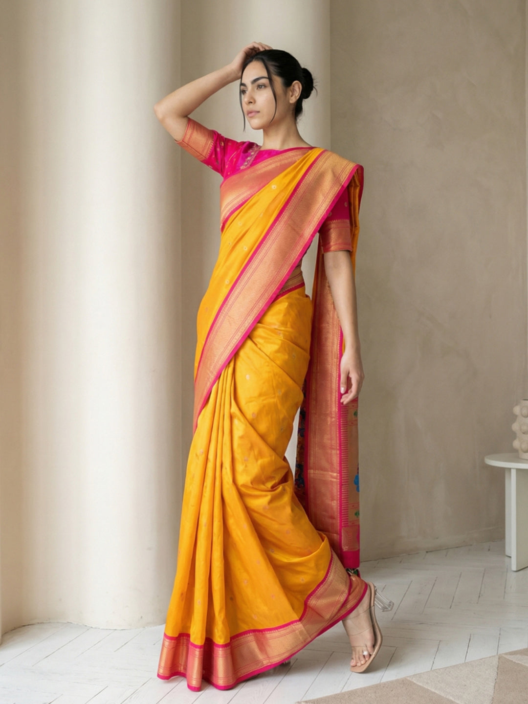 Orange Soft Paithani Silk Zari Woven Saree with Peacock Pallu