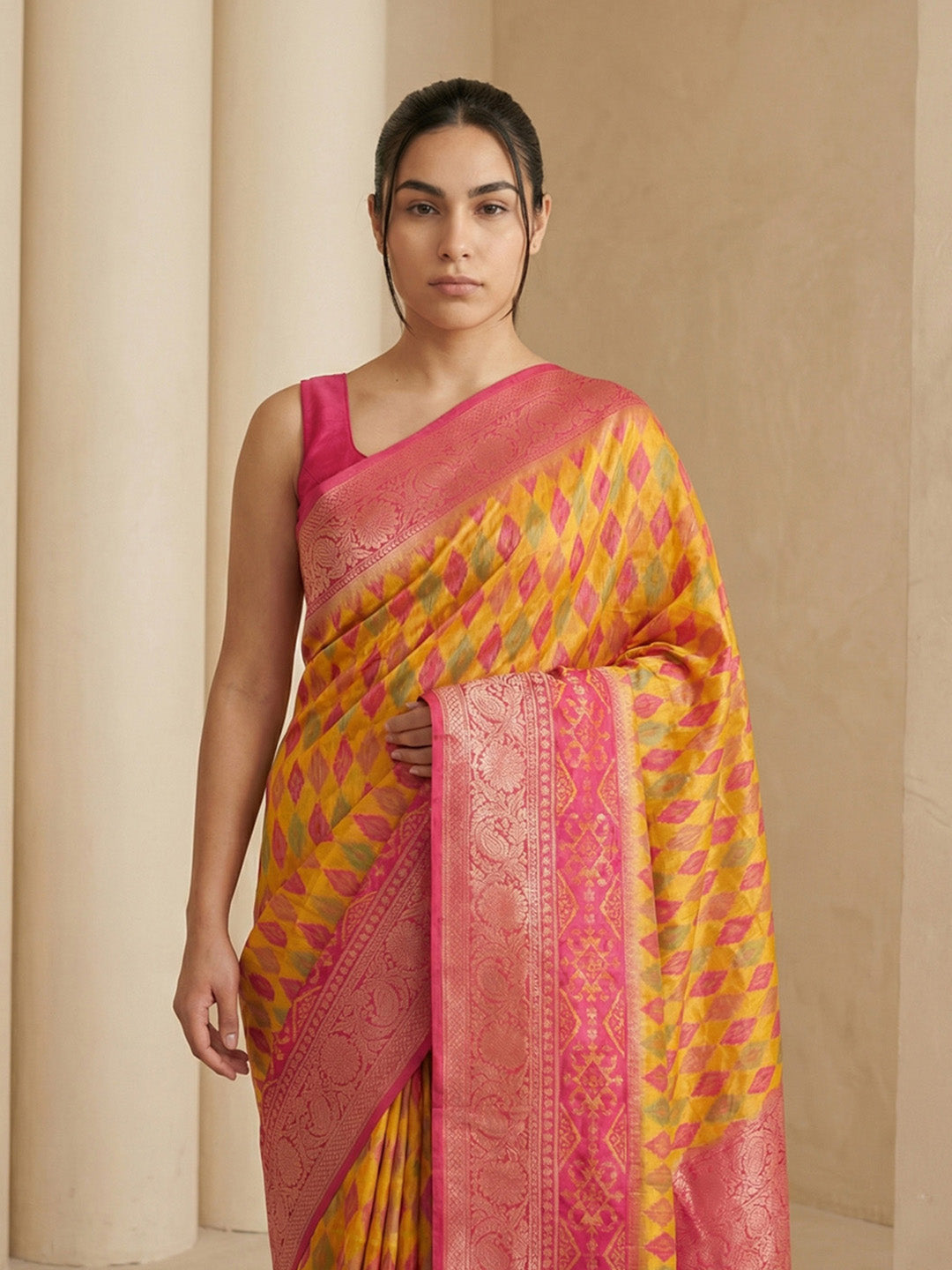 Oragne Soft Ikkat Patola Silk Geometric Ikkat Weaves Saree