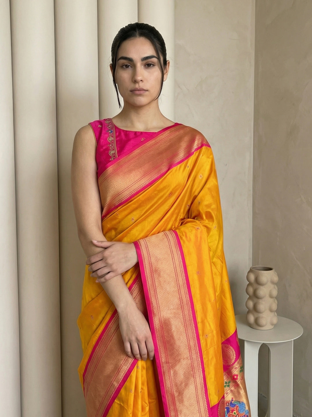 Orange Soft Paithani Silk Zari Woven Saree with Peacock Pallu