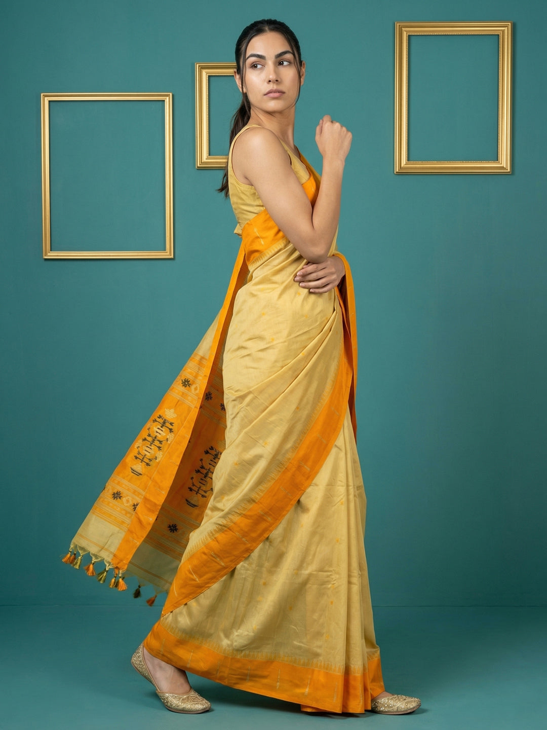 Cream &amp; Orange Handloom Traditional Yeola Paithani Silk Saree