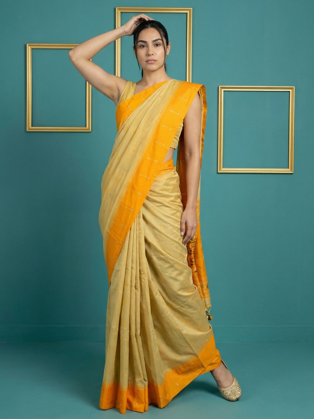 Cream &amp; Orange Handloom Traditional Yeola Paithani Silk Saree