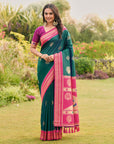Peacock Blue Soft Ikkal Silk Zari Woven Kolam Pattern Saree with Paithani Pallu