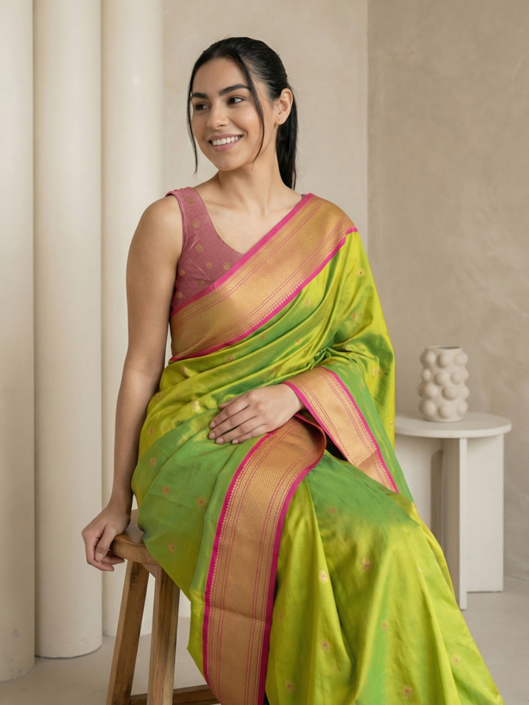 Parrot Green Soft Paithani Silk Zari Woven Saree with Peacock Pallu