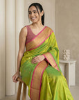 Parrot Green Soft Paithani Silk Zari Woven Saree with Peacock Pallu