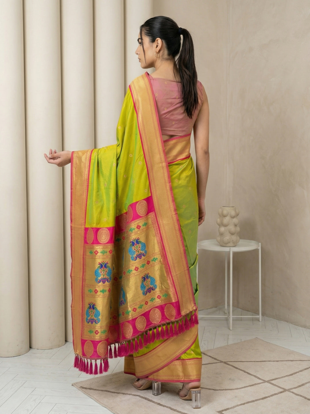 Parrot Green Soft Paithani Silk Zari Woven Saree with Peacock Pallu