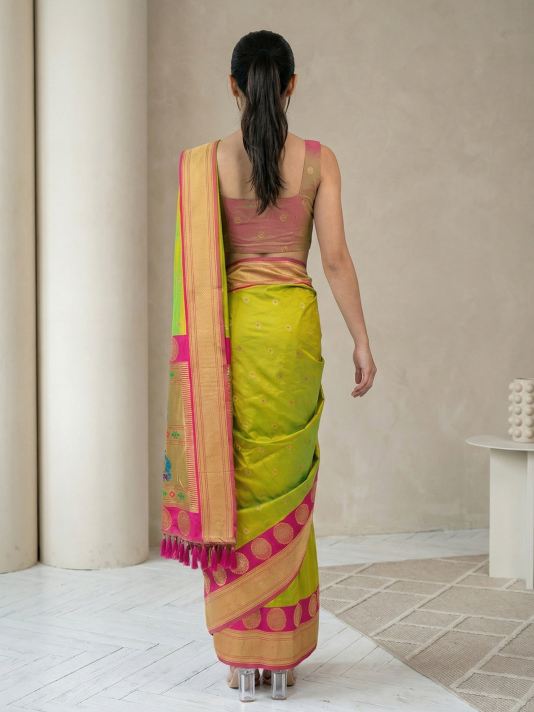 Parrot Green Soft Paithani Silk Zari Woven Saree with Peacock Pallu