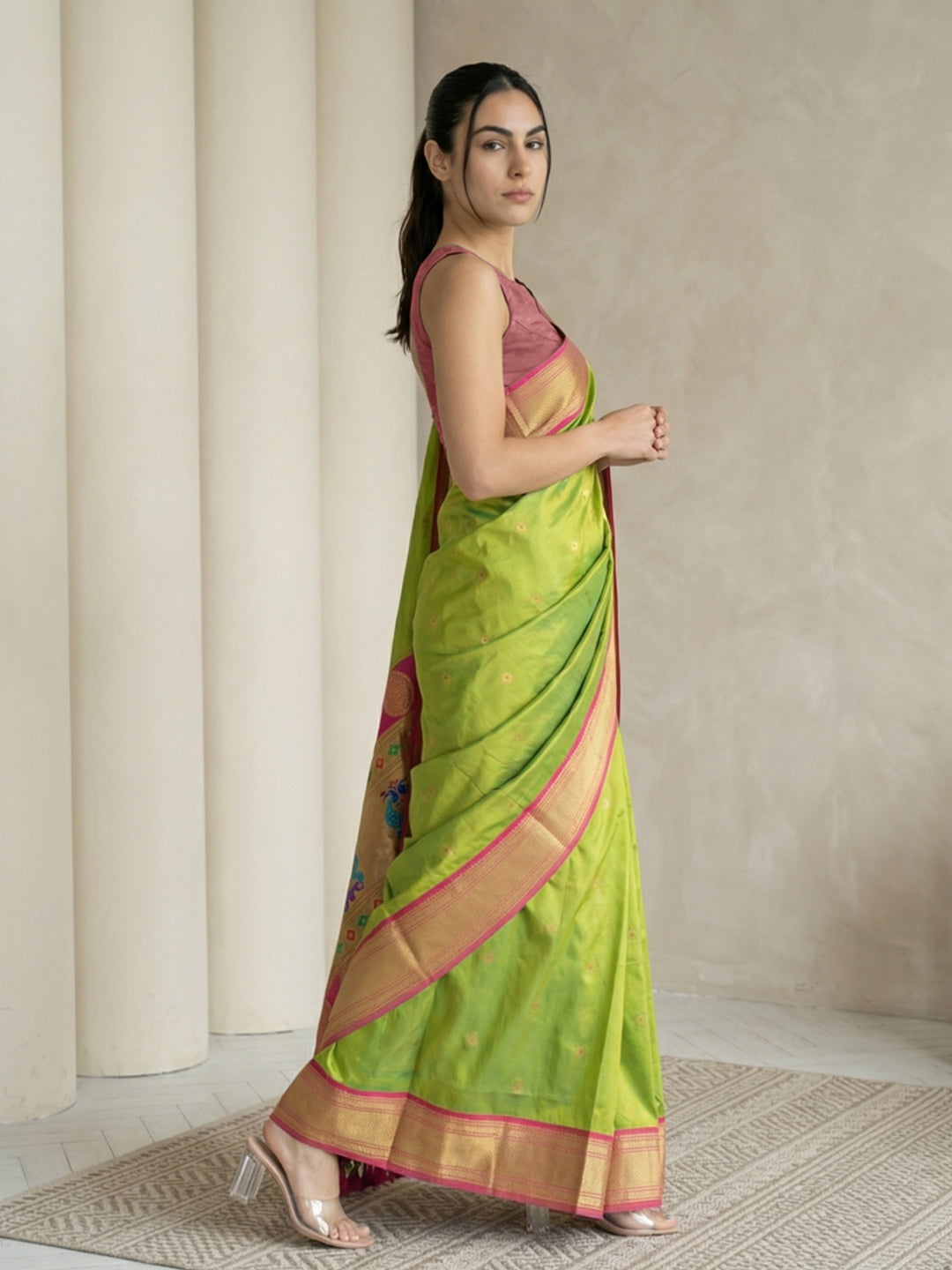 Parrot Green Soft Paithani Silk Zari Woven Saree with Peacock Pallu