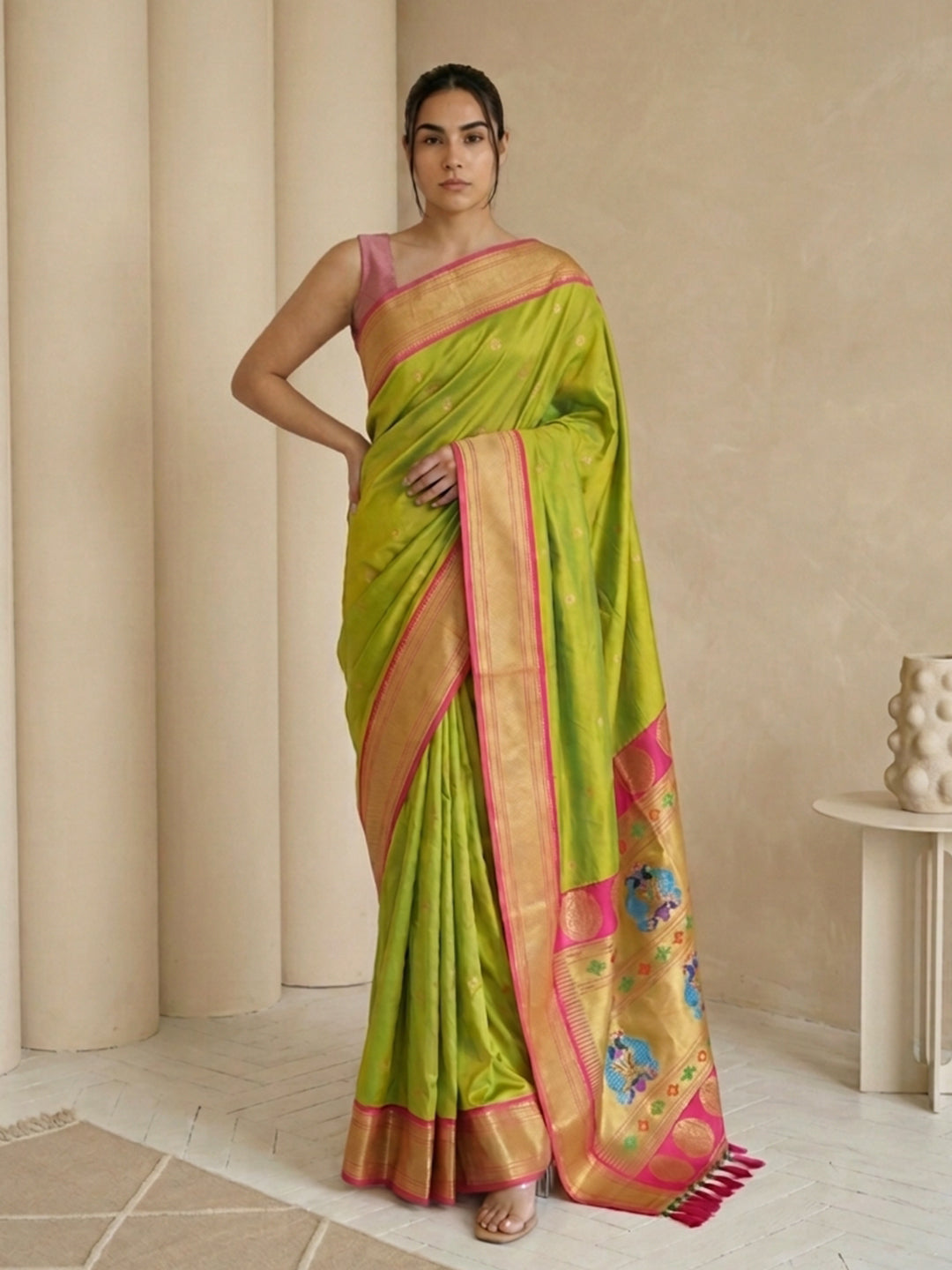 Parrot Green Soft Paithani Silk Zari Woven Saree with Peacock Pallu