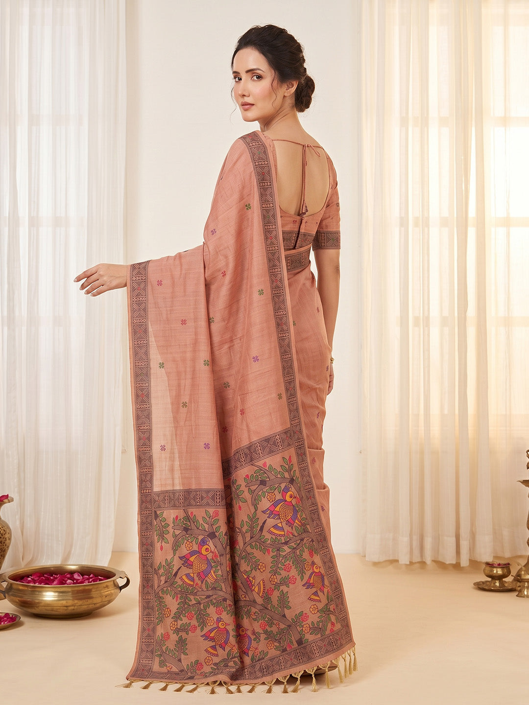 Peach Soft Muga Cotton with Kalamkari Style Bird Motif Narrative Pallu