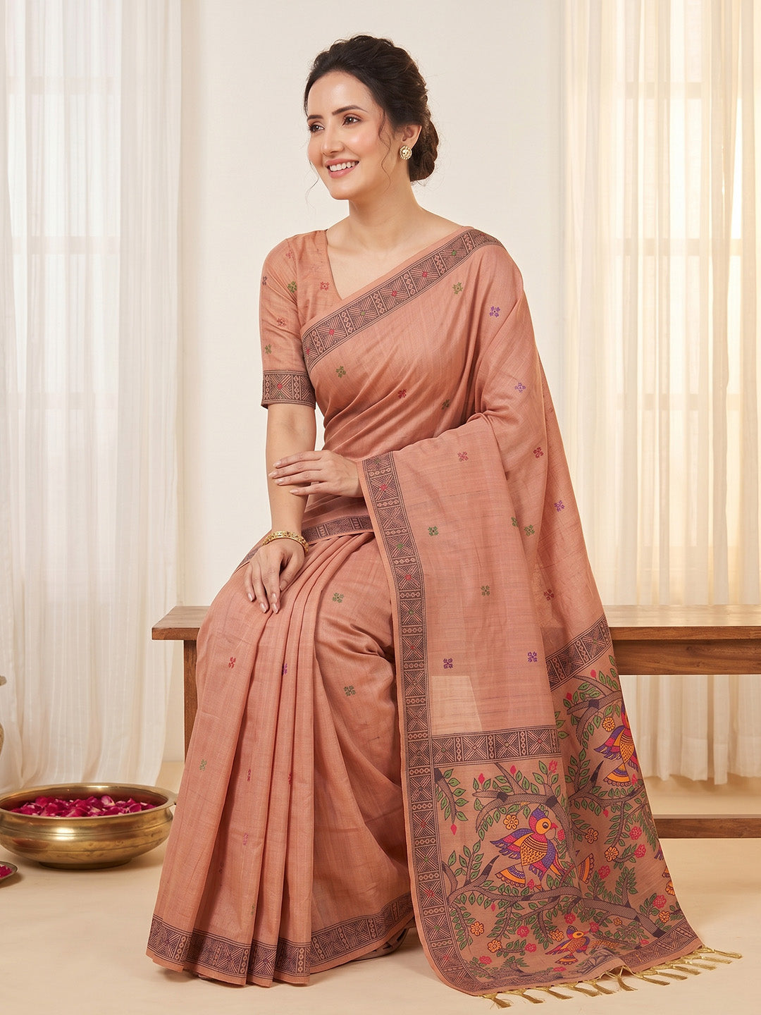 Peach Soft Muga Cotton with Kalamkari Style Bird Motif Narrative Pallu