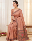 Peach Soft Muga Cotton with Kalamkari Style Bird Motif Narrative Pallu