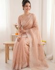 Peach Soft Raspberry Crush Silk Saree with Chikankari Work