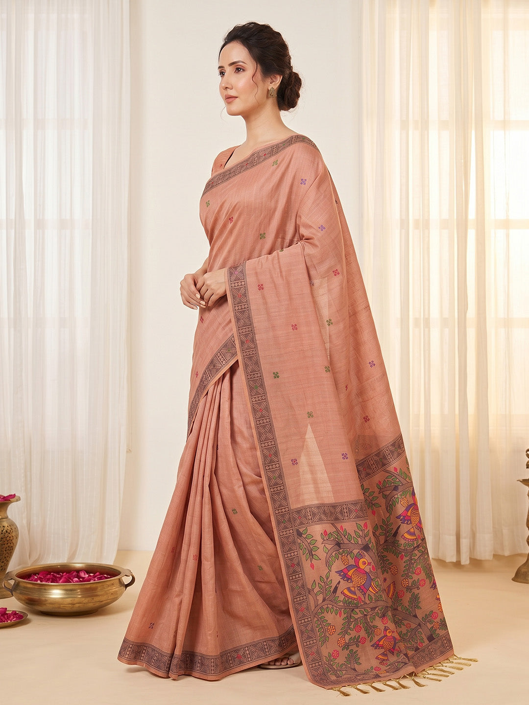 Peach Soft Muga Cotton with Kalamkari Style Bird Motif Narrative Pallu