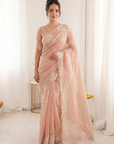 Peach Soft Raspberry Crush Silk Saree with Chikankari Work