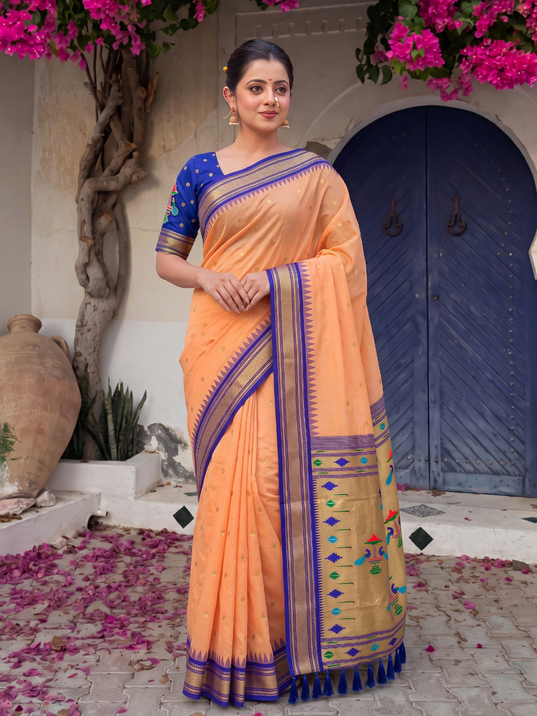 Peach Premium Traditional Maharani Paithani Silk Saree