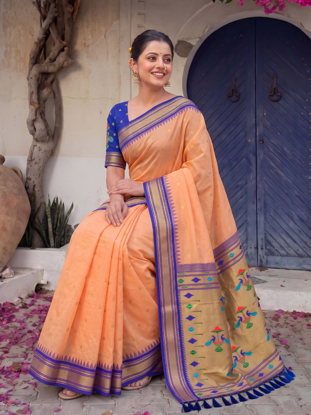 Peach Premium Traditional Maharani Paithani Silk Saree