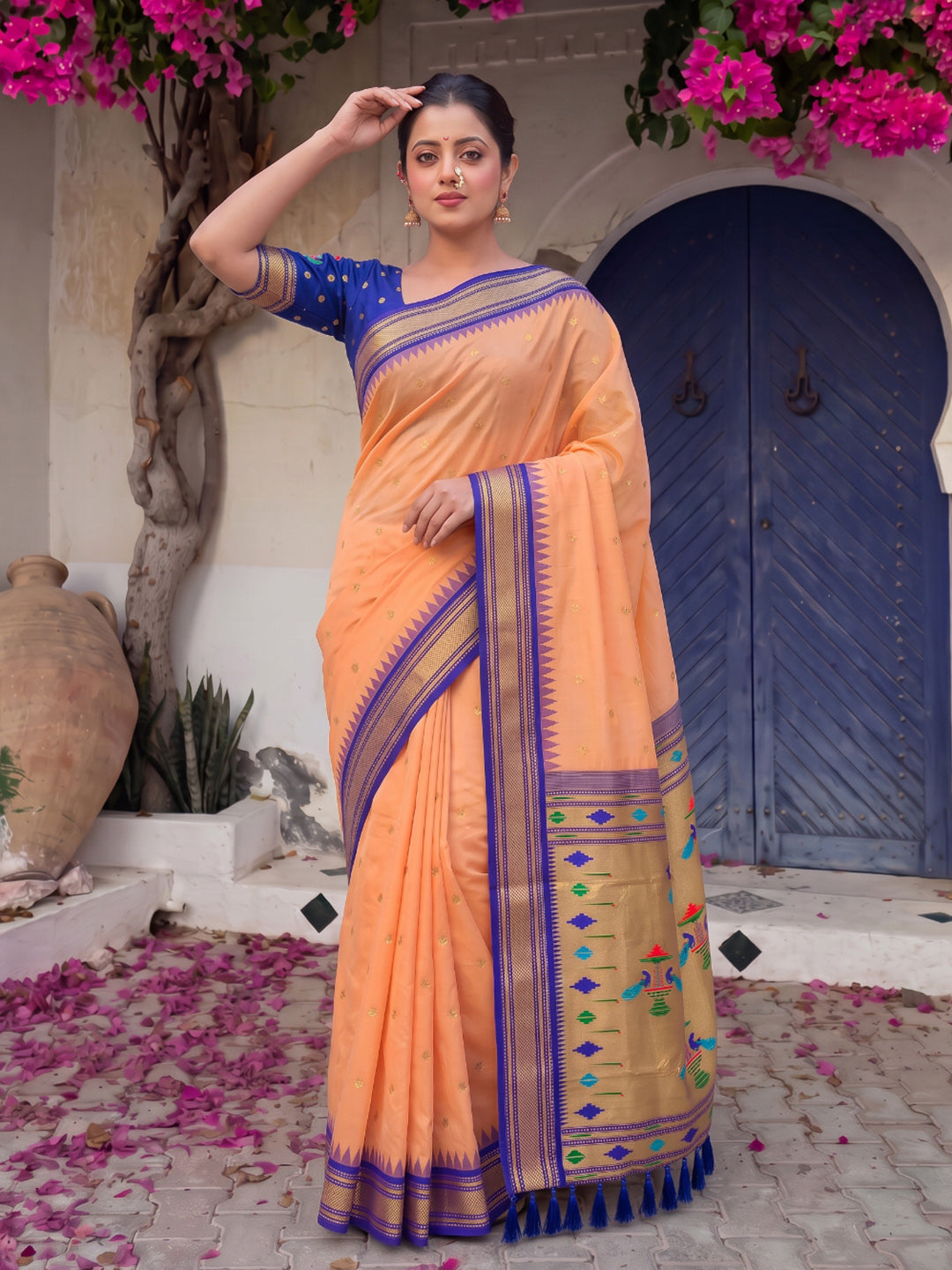 Peach Premium Traditional Maharani Paithani Silk Saree