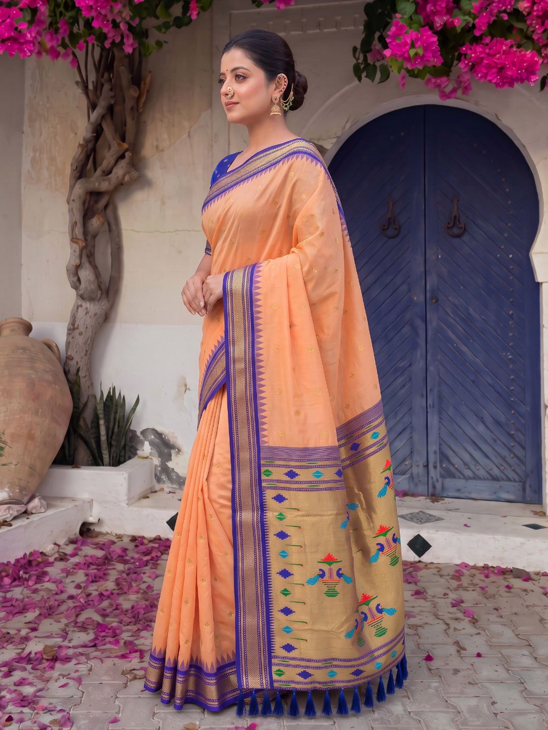 Peach Premium Traditional Maharani Paithani Silk Saree