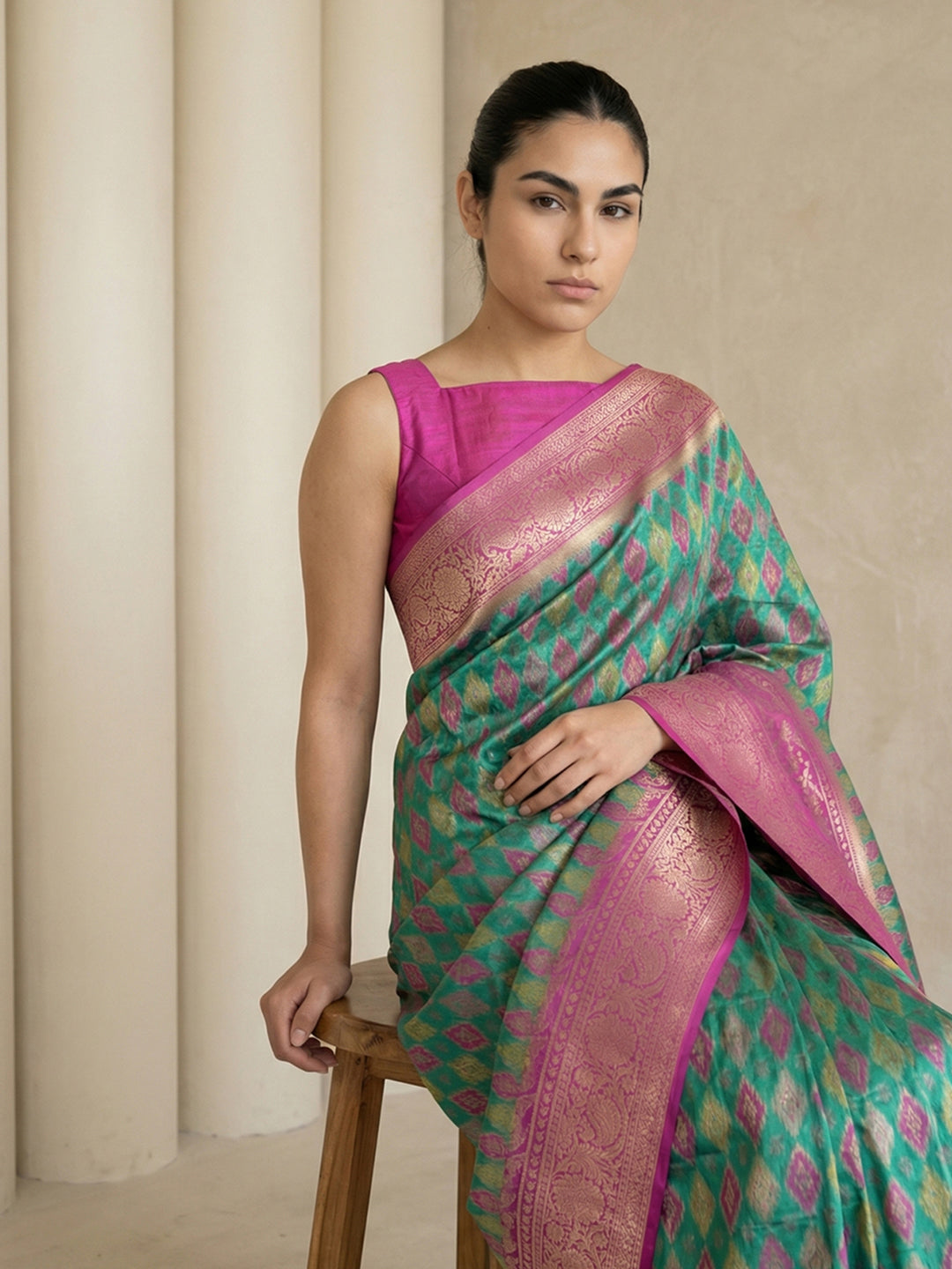 Peacock Blue Soft Ikkat Patola Silk Geometric Ikkat Weaves Saree