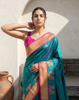 Peacock Blue Soft Traditional Paithani Silk Zari Woven Peacock Pattern Saree