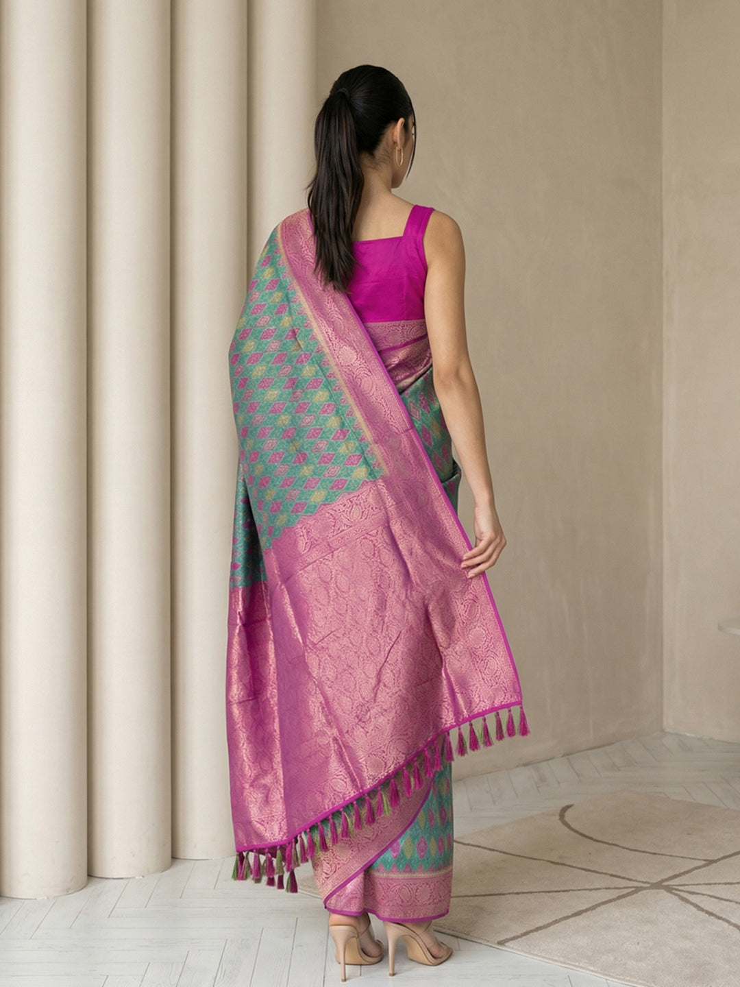 Peacock Blue Soft Ikkat Patola Silk Geometric Ikkat Weaves Saree