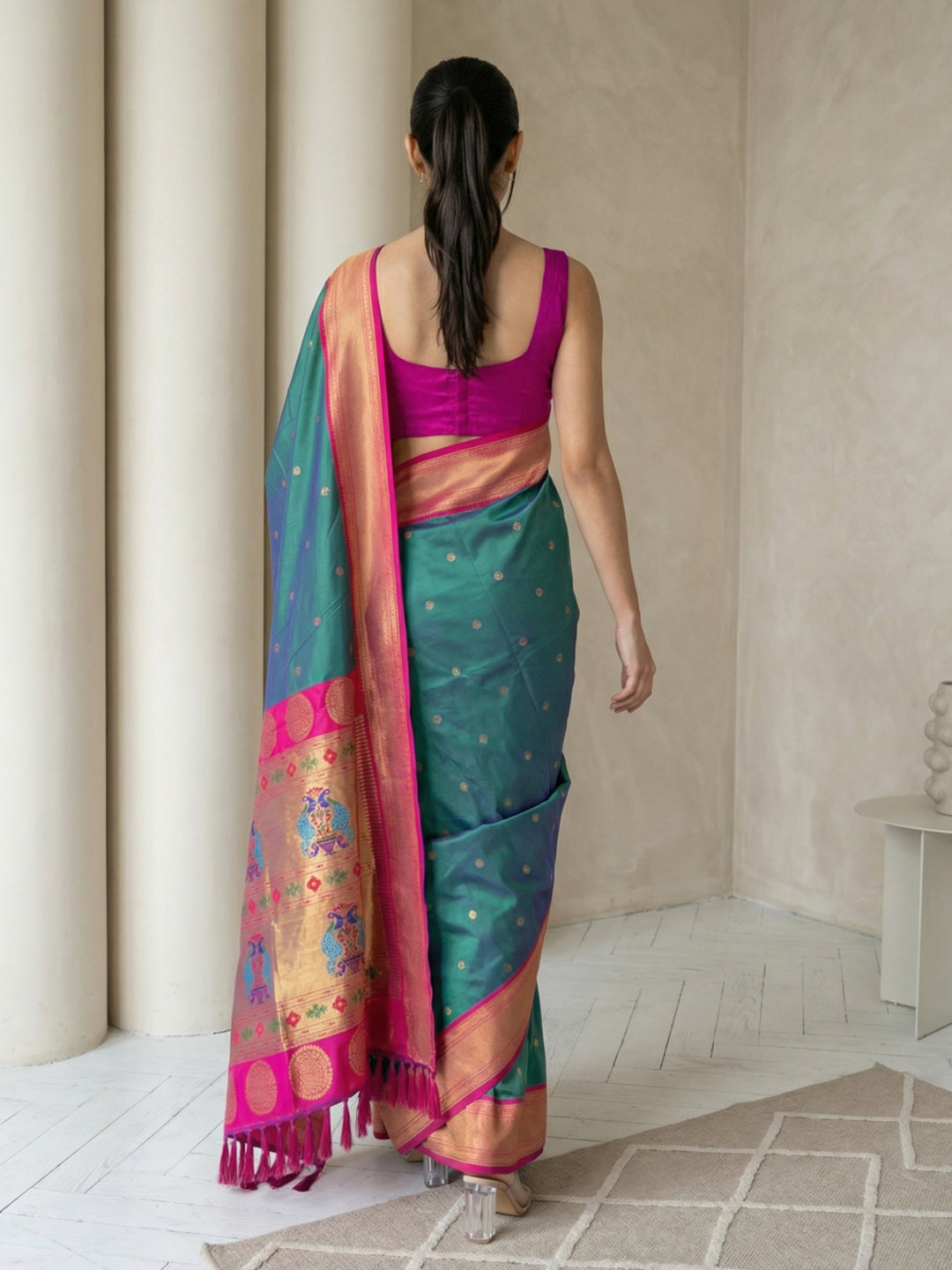 Peacock Blue Soft Paithani Silk Zari Woven Saree with Peacock Pallu