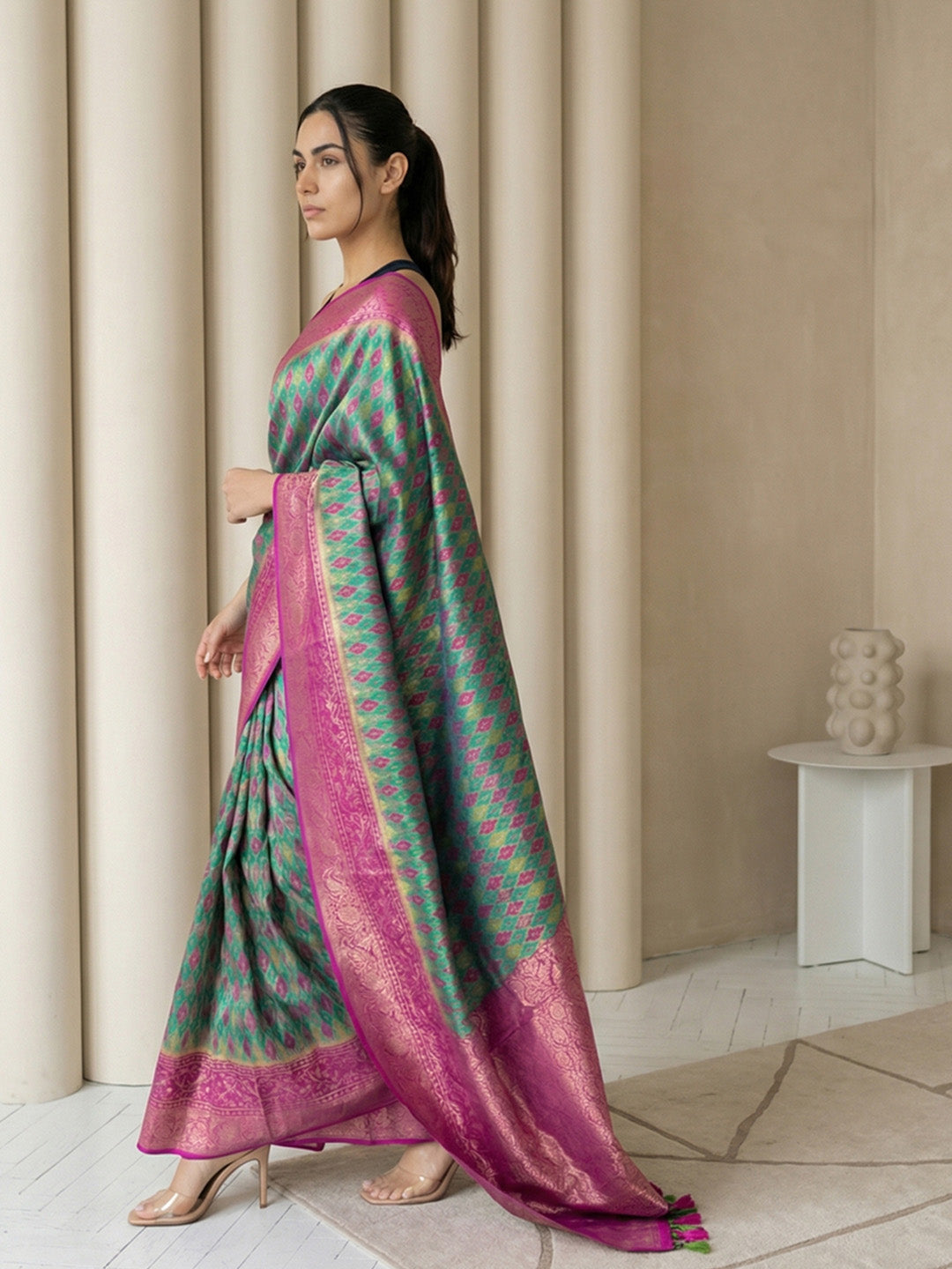 Peacock Blue Soft Ikkat Patola Silk Geometric Ikkat Weaves Saree