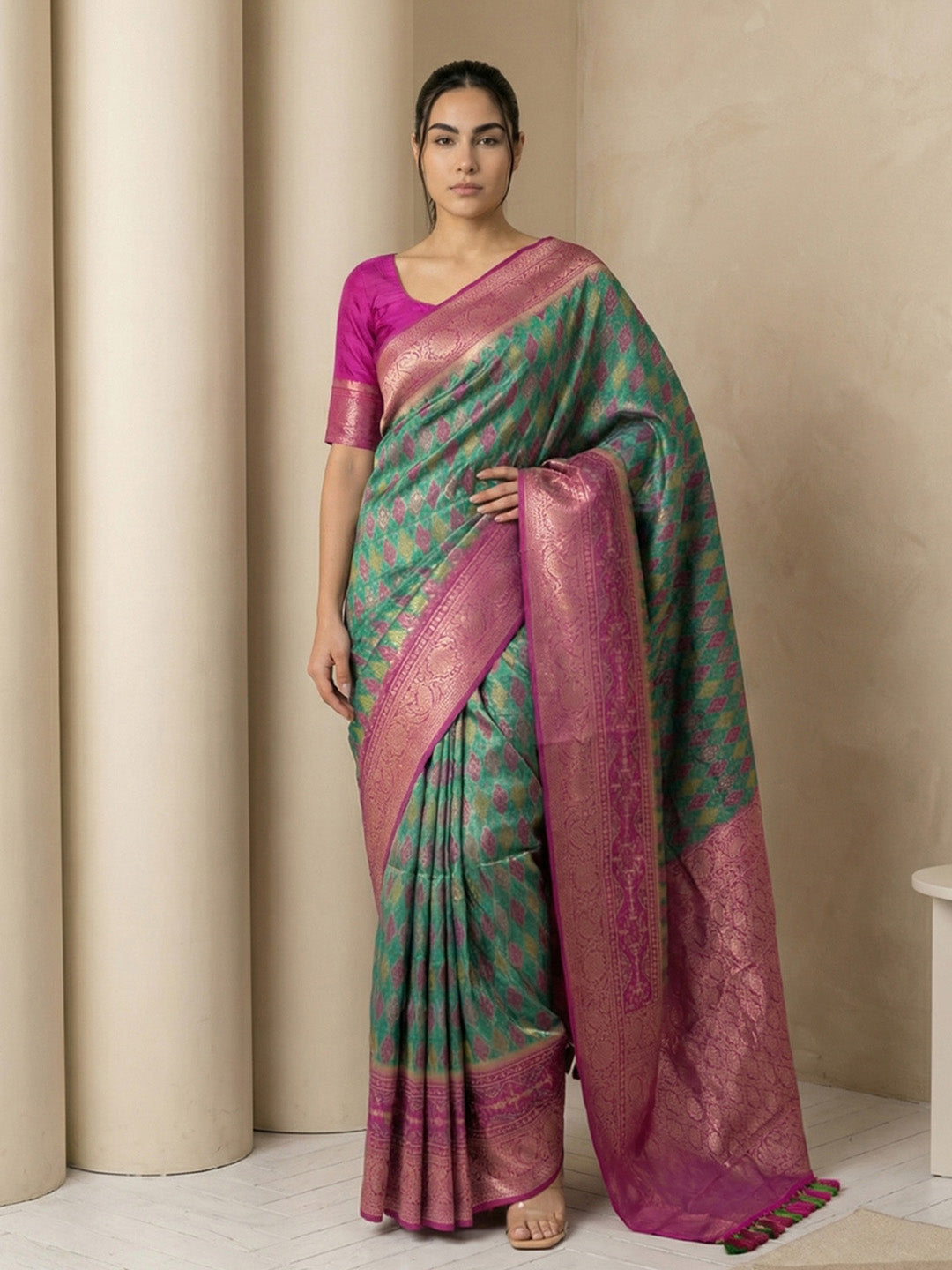 Peacock Blue Soft Ikkat Patola Silk Geometric Ikkat Weaves Saree
