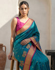 Peacock Blue Soft Traditional Paithani Silk Zari Woven Peacock Pattern Saree