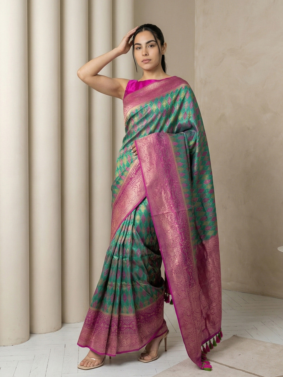 Peacock Blue Soft Ikkat Patola Silk Geometric Ikkat Weaves Saree